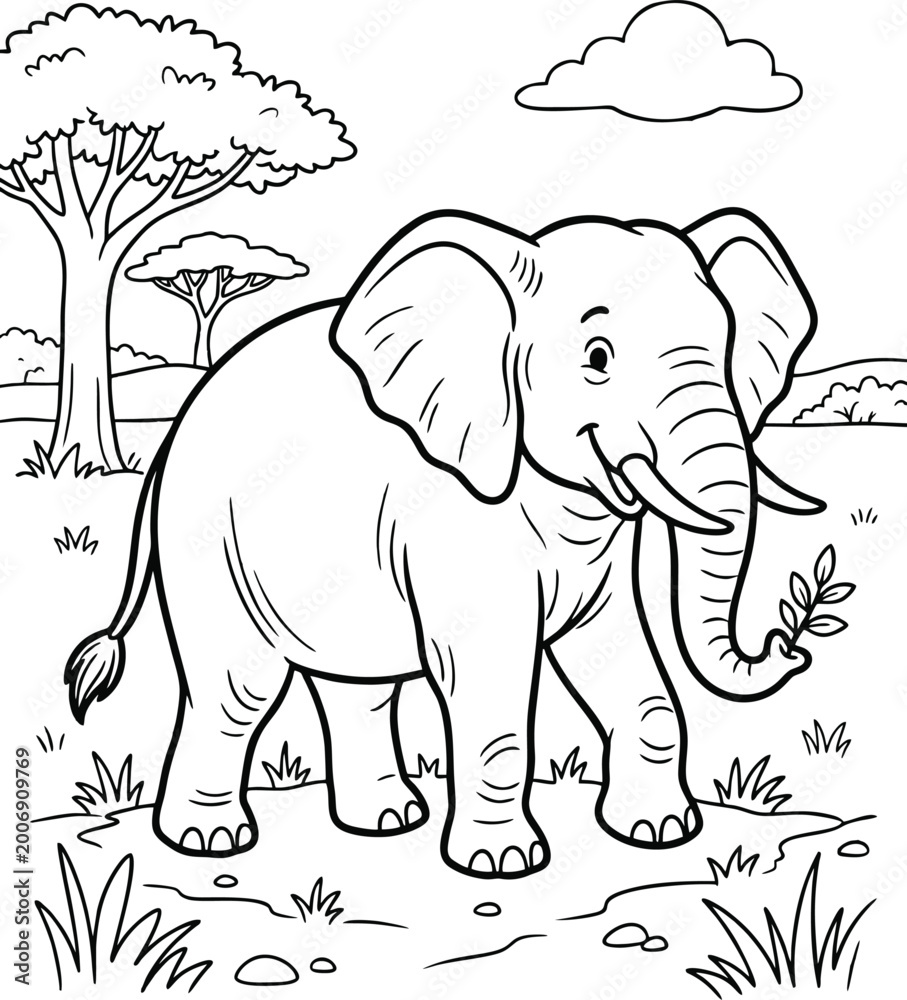 Obraz premium Cute elephant in African savanna landscape coloring page for kids, funny cartoon wild animal outline illustration.