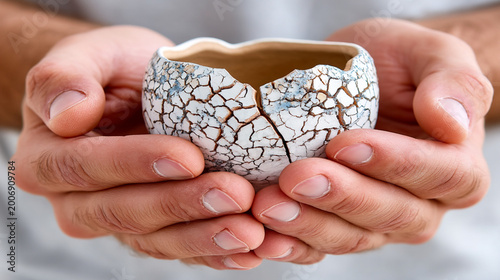 Hands holding a cracked ceramic bowl with intricate patterns, showcasing the delicate craftsmanship and visible imperfections in a neutral background setting. sustainability idea