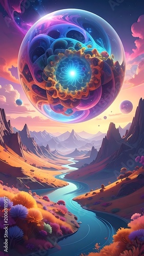 A vibrant, surreal landscape with a glowing orb and winding river