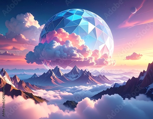 A vibrant, surreal landscape with a large, faceted sphere above mountains
