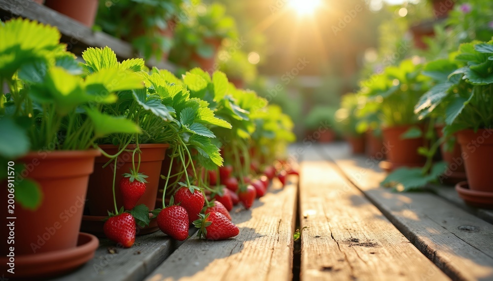 Naklejka premium Potted strawberry plants with ripe red fruit on sunlit wooden deck. Green leaves and berries grow in terra cotta containers. Healthy garden produce.
