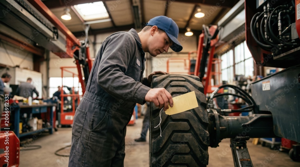 Fototapeta premium Technician inspecting boom lift tire tread indoors holding inspection tag in focus while the rest of the maintenance shop is softly obscured for depth emphasis.