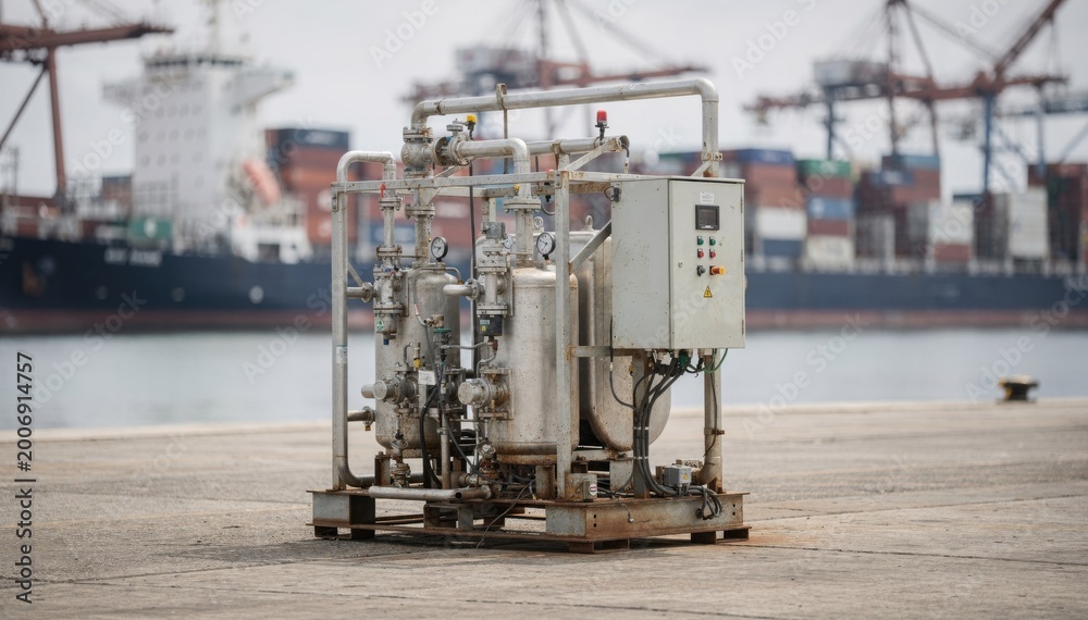 Fototapeta premium Skidmounted groundwater treatment unit focused in medium frame at a busy port location with ships and containers softly out of focus behind the system.