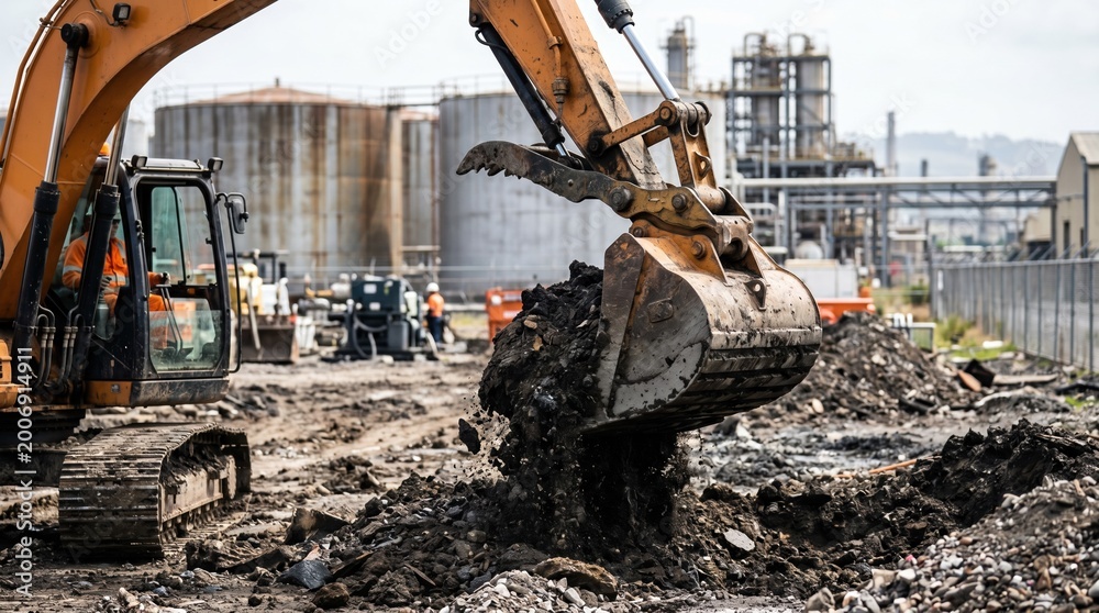 Fototapeta premium Industrial lot with excavator scooping hazardous contaminated soil sharp focus on bucket and earth blurred background of storage tanks.