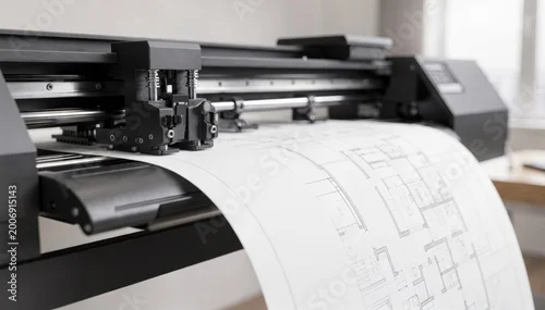 Fototapeta na wymiar Medium shot of a monochrome largeformat plotter producing clear architectural plans the print head and paper feed crisply detailed with a defocused room interior.