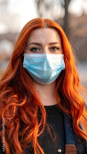 A woman with long red hair wearing a medical mask