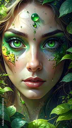 A woman's face with green eyes surrounded by leaves and vines