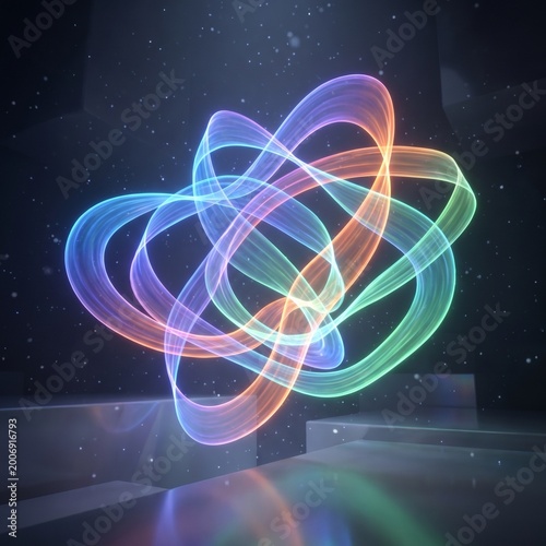 3D Glowing Neon Abstract Energy Knot on Dark Pedestal