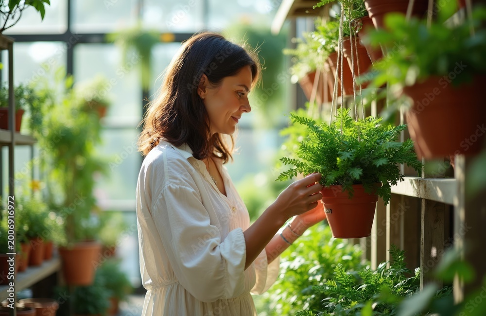 Fototapeta premium Brunette woman chooses potted green plant in sunny greenhouse. Female admires fern, plans home decor. Healthy lifestyle hobby gardening business.