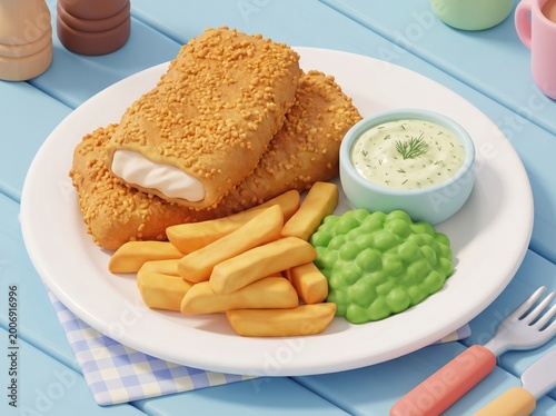 3D Render of British Fish and Chips with Mushy Peas and Tartar Sauce