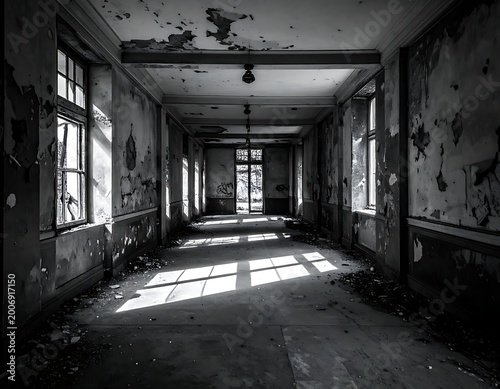 Abandoned hallway with peeling walls and sunlight