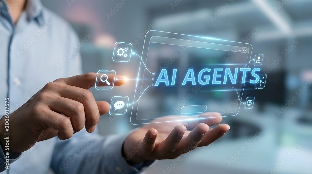 Obraz premium A person interacting with the words AI AGENTS for the concept of Futuristic Innovation and Technology.
