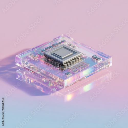 Close-up of a Microchip Encased in Transparent Resin with Holographic Reflections.