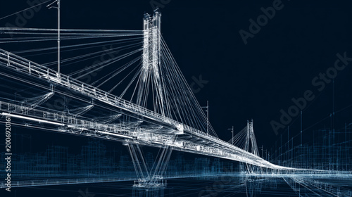 Wireframe Bridge Structure With Cables And Towers At Night For Architecture And Engineering Concepts
