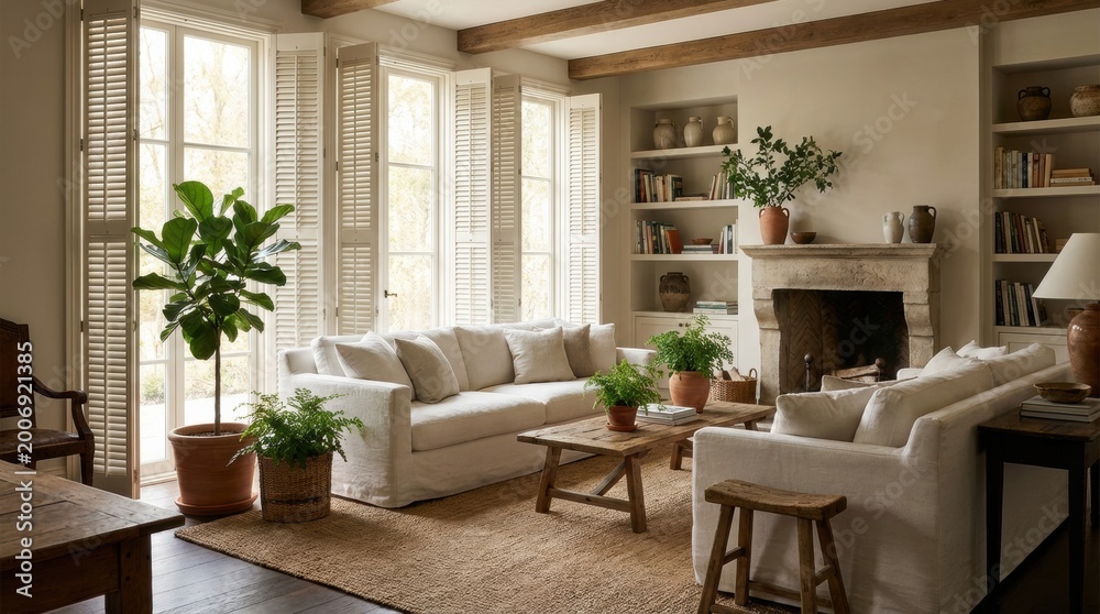 Fototapeta premium Comfortable living room with white sofas, stone fireplace, wooden furniture, and large windows with shutters