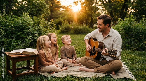 Father plays guitar for his three happy children sitting on a blanket in a sunlit forest clearing