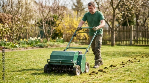Man using a lawn aerator machine to improve grass health in a garden during spring