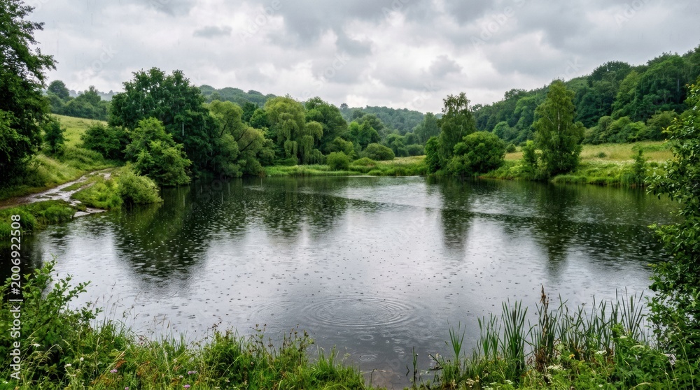 Fototapeta premium Raindrops falling on a calm lake surrounded by lush green trees and rolling hills under a cloudy sky