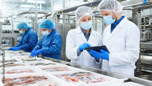 Quality control inspectors analyzing seafood production line in modern food processing factory
