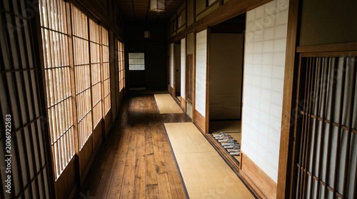 Traditional Japanese hallway with tatami mats, shoji screens, and wooden floors illuminated by natural light