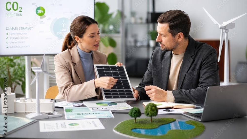 Fototapeta premium Business team discussing solar panel and sustainability strategy in modern office