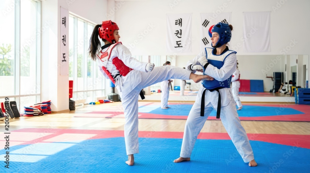 Obraz premium Two female athletes practicing taekwondo sparring in martial arts training gym
