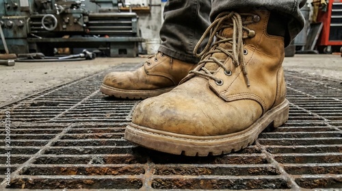 Close-up of worn leather work boots standing on a rusty metal grate in a workshop