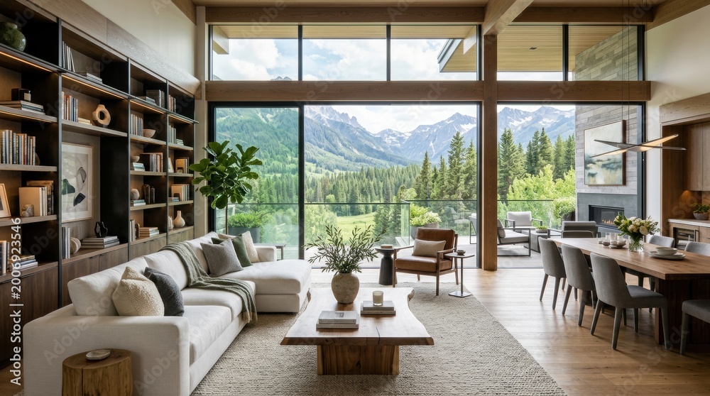 Fototapeta premium Modern living room with large windows showcasing a mountain landscape, featuring a sectional sofa, coffee table, and dining area