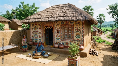 Woman and child in front of a traditional Indian mud house decorated with colorful folk art paintings and thatched roof