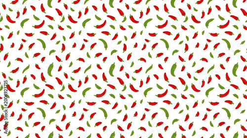 Seamless vector pattern of vibrant red and green chili peppers scattered on a light colored background playful and modern design