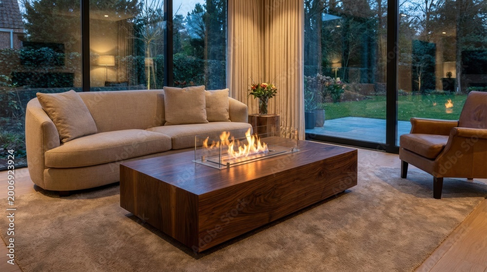 Fototapeta premium Modern living room with fireplace coffee table, sofa, armchair, and large windows overlooking a garden at dusk