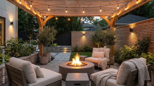 Modern backyard patio with fire pit, comfortable seating, and string lights under a wooden pergola at dusk