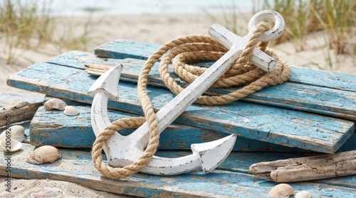Nautical anchor with rope resting on weathered blue wooden planks on a sandy beach with seashells