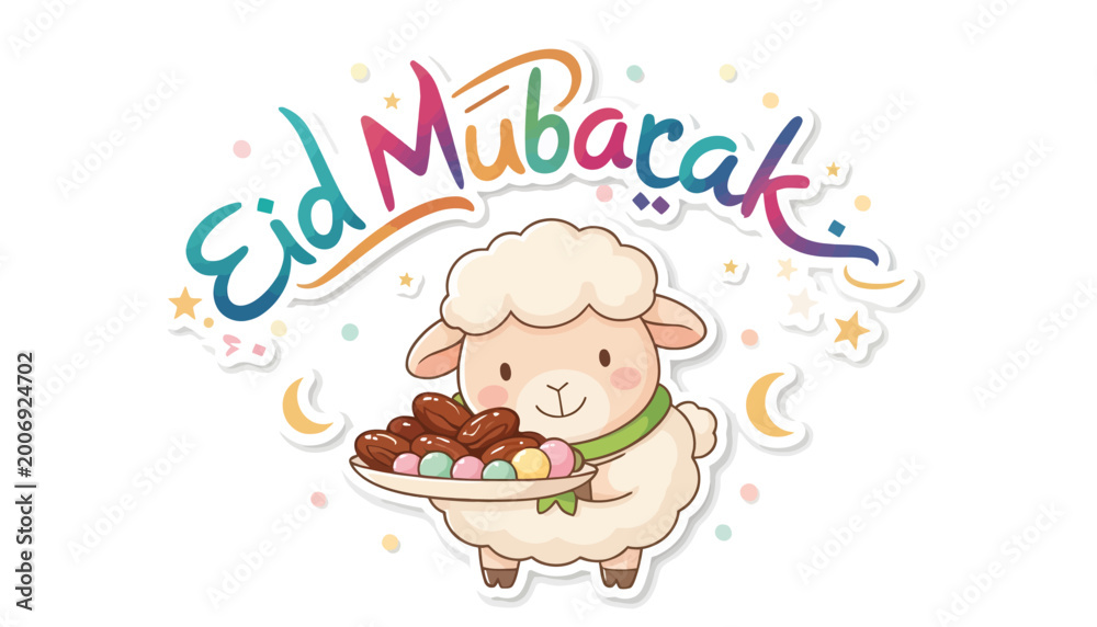 Fototapeta premium Cartoon Sheep Sticker Offering Sweets for Eid Mubarak