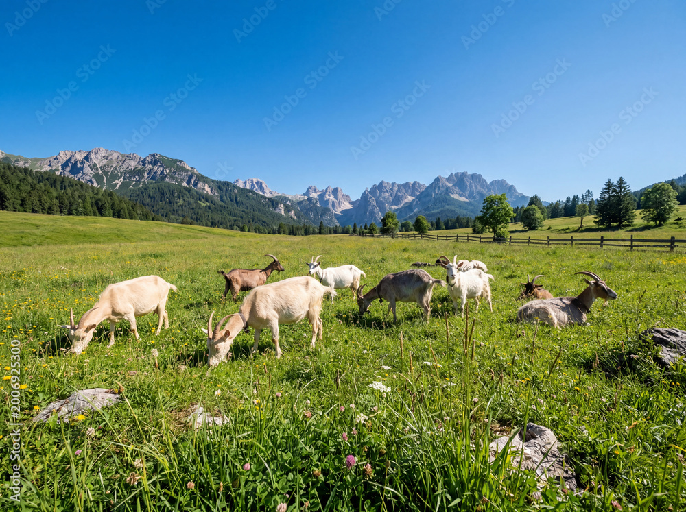 Fototapeta premium Goats grazing in a verdant summer pasture with mountains and blue sky