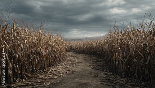 A Path Through a Dry Cornfield Under a Stormy Sky.
