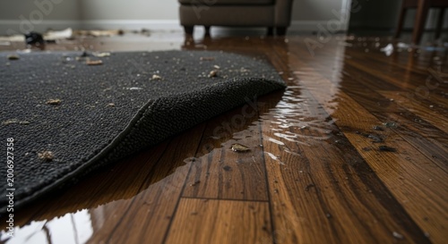 Home plumbing disaster represented by a flooded wooden floor and a ruined dark carpet with debris.