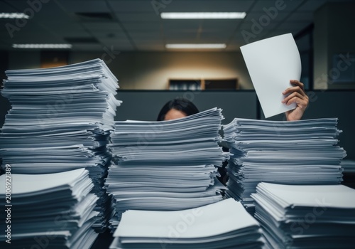 Exhausted worker buried under mountains of paperwork holding up a blank sheet for copy space.