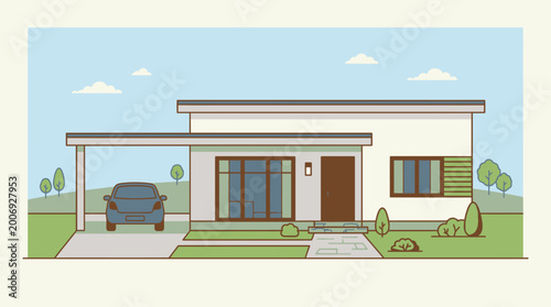 Fotografía Modern Single Story House with Carport and Garage, Lush Green Lawn, Clear Blue S