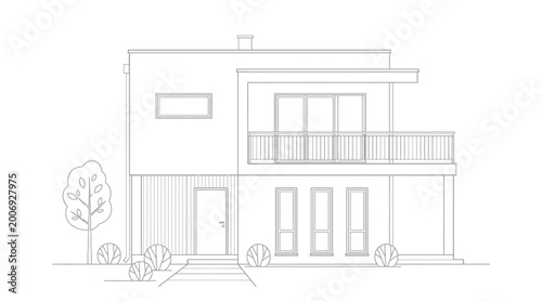 Foto Modern Two Story House with Balcony and Multiple Windows, Minimal Landscaping on