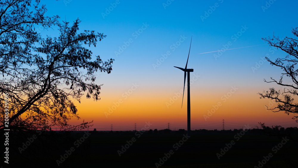 Obraz premium Silhouette Wind Turbine against Colorful Sunset Sky with Tree Branches