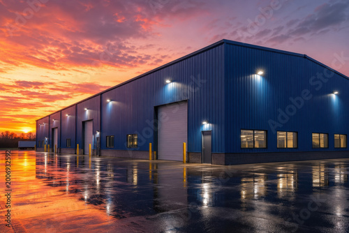 Modern blue industrial warehouse building illuminated at dramatic sunset. The facility stands on wet ground reflecting the vibrant orange and purple sky.