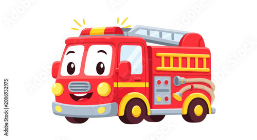 Photos Cute Cartoon Fire Truck Character with Smiling Face and Flashing Lights