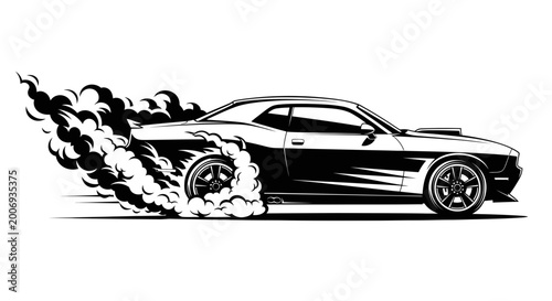 Cuadro en lienzo Muscle Car Burnout Smoke Black and White Vector Art