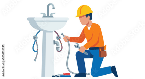 Plumber in hard hat repairing bathroom sink pipes