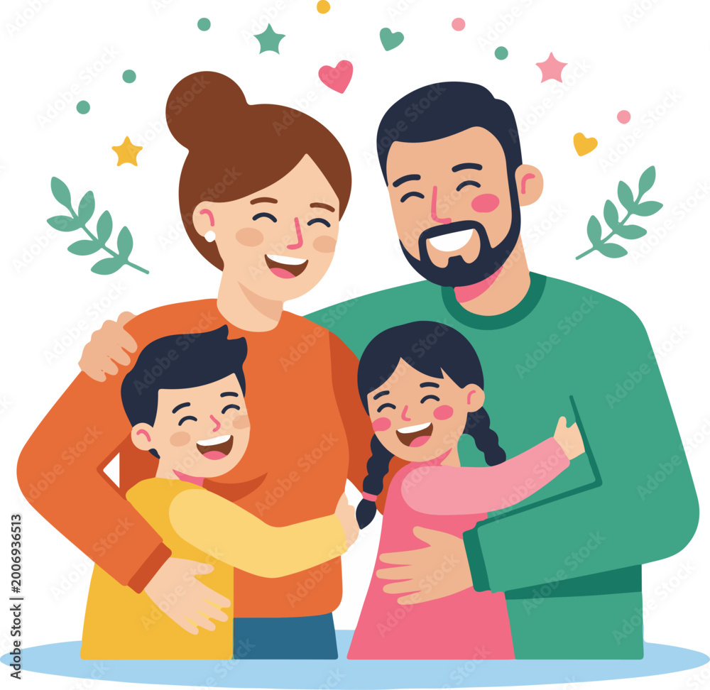 Fototapeta premium A Joyful Illustration of a Happy Family Embracing and Celebrating Together with Stars and Leaves