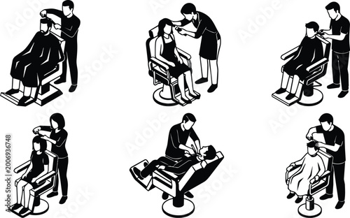 Black and white vector set six barber chair scenes with stylist cutting hair