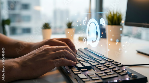 Professional customer service representative typing on a modern keyboard with a glowing digital headset interface icon floating above the desk in a bright office
