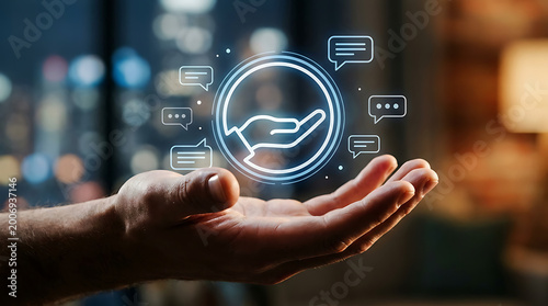 A male hand holds a glowing blue digital customer service icon with floating speech bubbles in a dark professional office setting representing modern support and communication