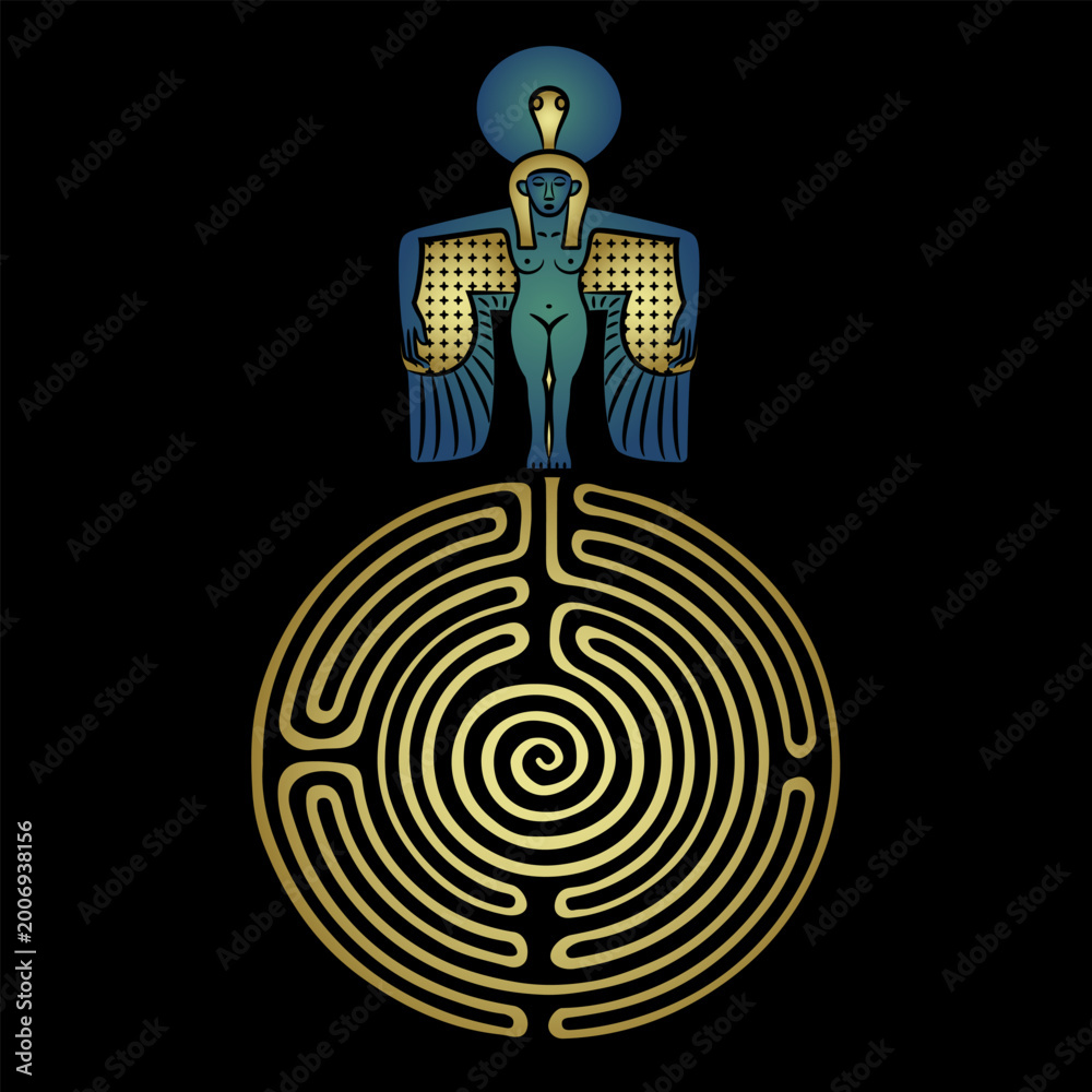 Fototapeta premium Winged ancient Egyptian goddess standing on a round spiral maze or labyrinth symbol. Female archetype. Creative mythological concept.